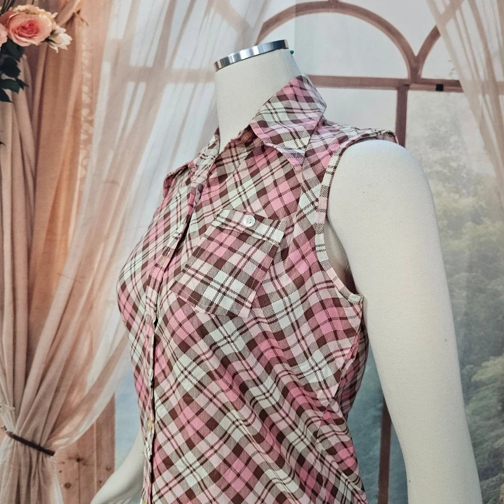 Vintage 1970s Pink Brown Plaid Sleeveless Button Down Shirt Pointed Collar - Picture 7 of 10